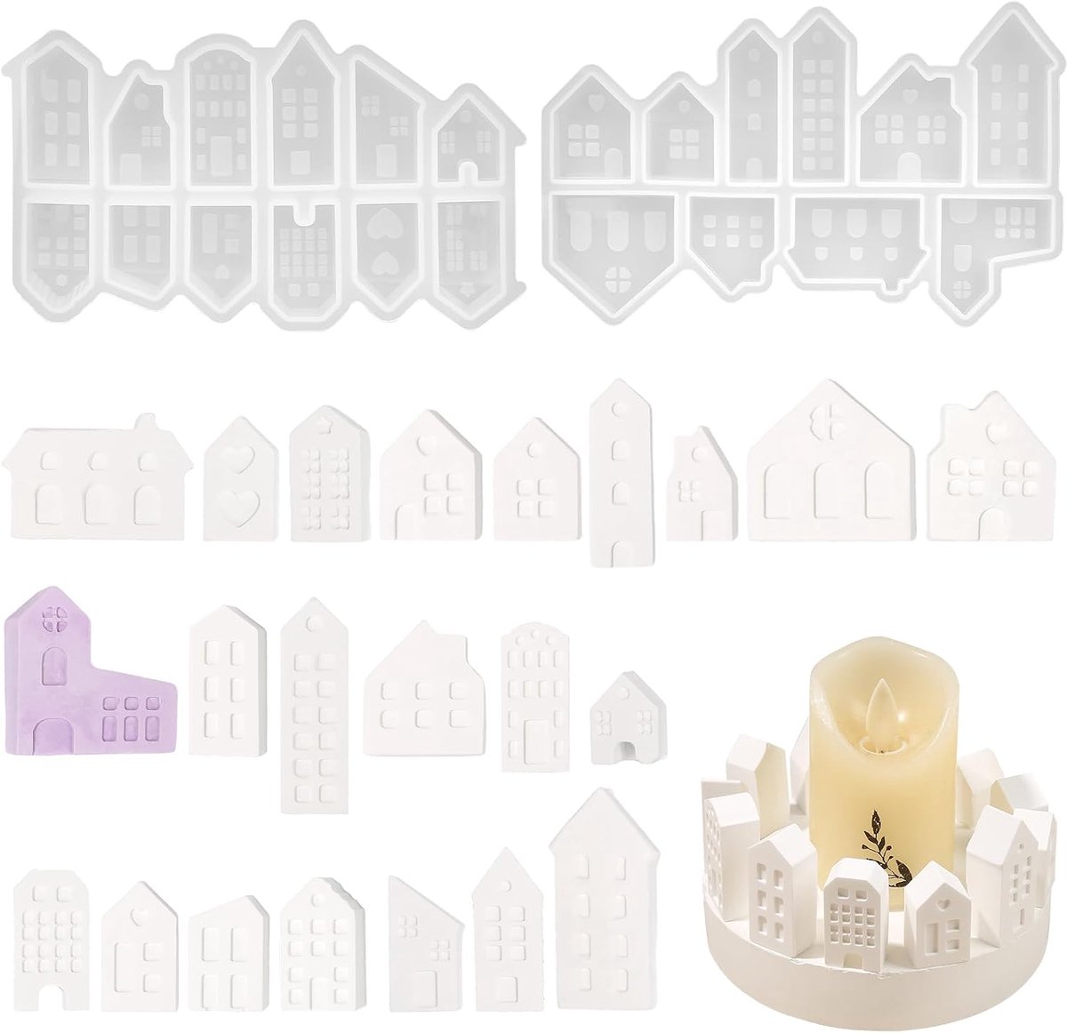 22 stuks siliconen gietvormen voor huizen, siliconen vormen, mini-huizen, gietvormen, huisvorm, 3D, huisgietvorm, huis voor Kerstmis, Halloween, Pasen