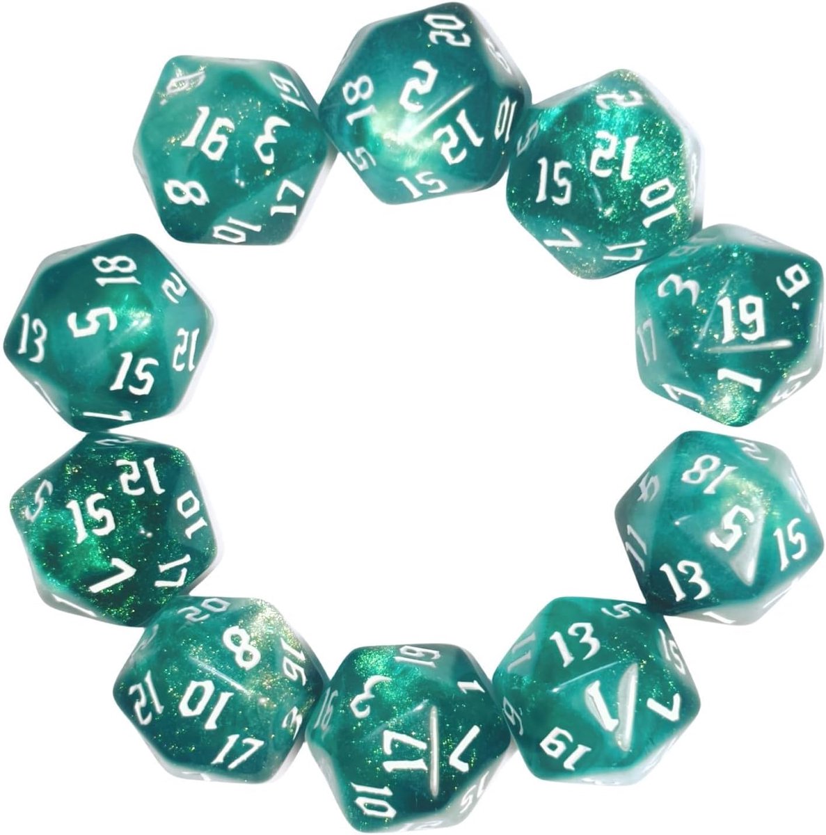 DND-spel D20 dobbelstenen set, 10 stuks polyhedrale dobbelstenen D20 dobbelstenen 20mm acryl 20-zijdige dobbelstenen speldobbelstenen voor RPG MTG DND dobbelstenen tafelspellen (Groen)