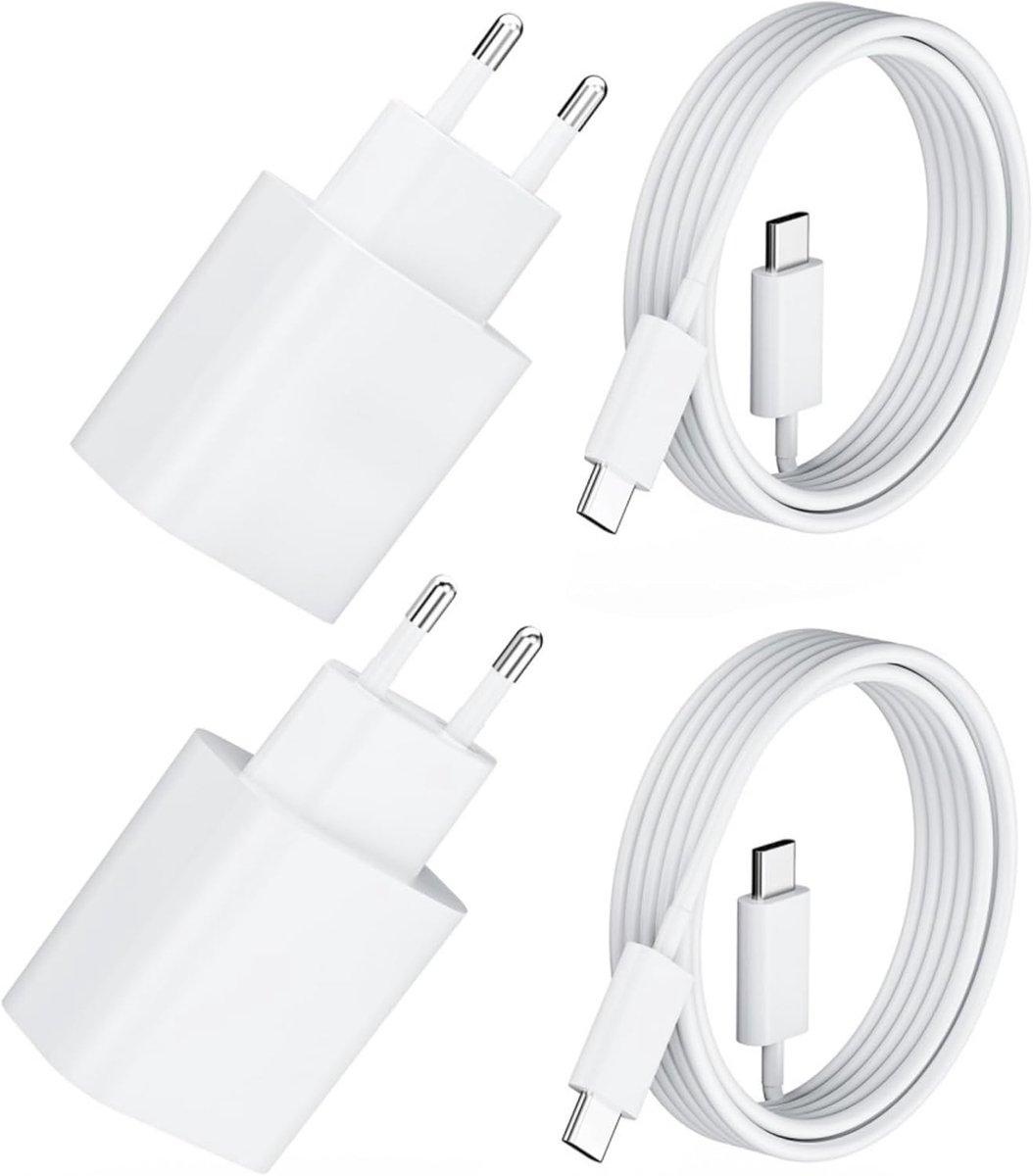 2 stuks 20 W PD USB C snellader voor iPhone & iPad + 2 m USB-C oplaadkabel (1x TPE & 1x weefdraad) - adapter voor iPhone 16/15/iPhone 15 Plus/iPhone 15 Pro/iPhone 15 Pro MAX Fast Charger (wit)