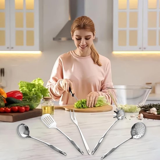 Keukengerei Set 5 Stuks, Keuken gadgets Keuken Essentials, Keuken Skimmer, Soep Pollepel, Pastaspatel, Spatel en Vork — afbeelding 4