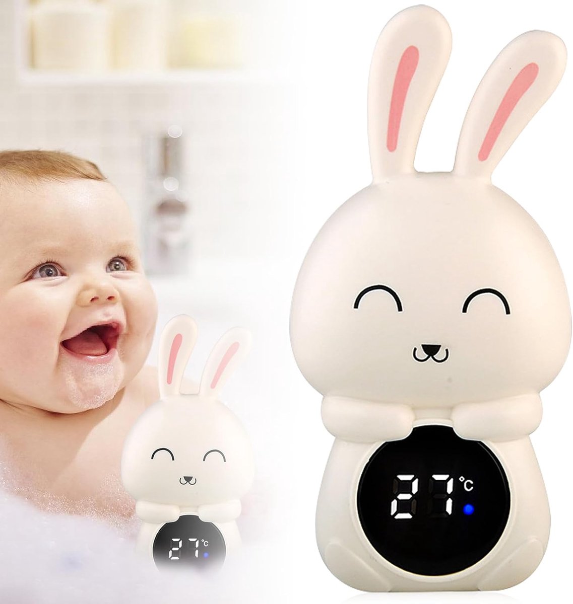 badthermometer baby: nauwkeurige waterthermometer met led-display, kindveilige badthermometer, konijnenvorm, digitale thermometer voor bad met led-waarschuwingslampje