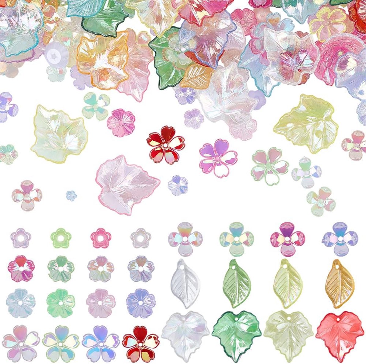Kralen kits inclusief diverse AB gekleurde 5-bloemblaadjes bloemen acryl kralen caps esdoornblad hangers bedels voor oorbel armband ketting