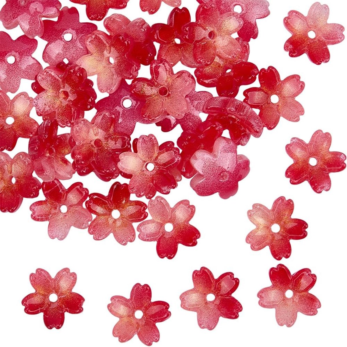 1 doos 50 stuks rode bloem glazen kralen kersenbloesem kralen kleine rode glazen tweekleurige kersensakura's lente thema bloemen vorm kralen voor sieraden maken volwassenen verjaardag