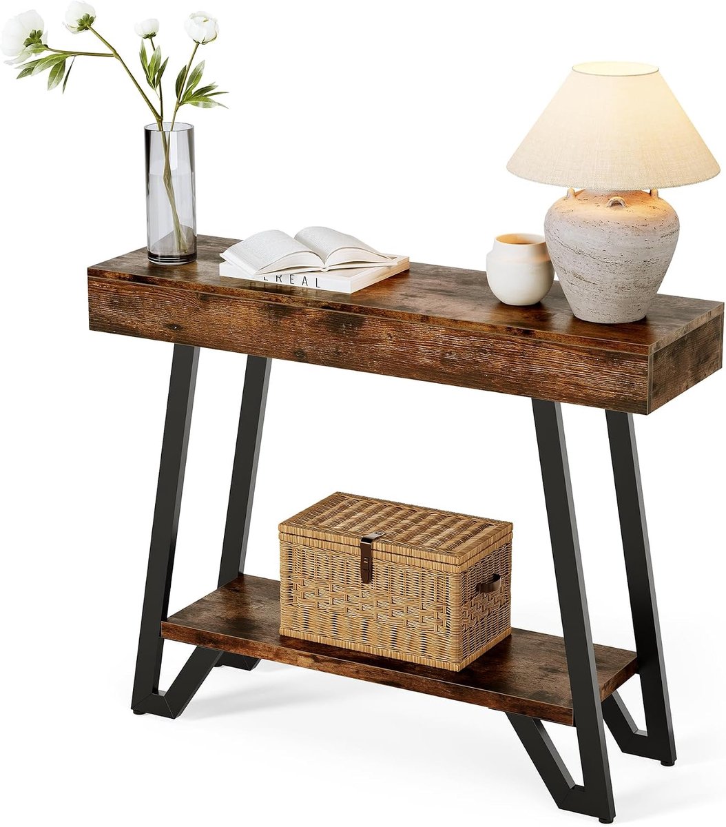 Consoletafel 103 cm met metalen frame, rustiek bruin, ingangstafel, opbergplanken, 2-laags, industrieel, gangbanktafel, accenttafel, woonkamer