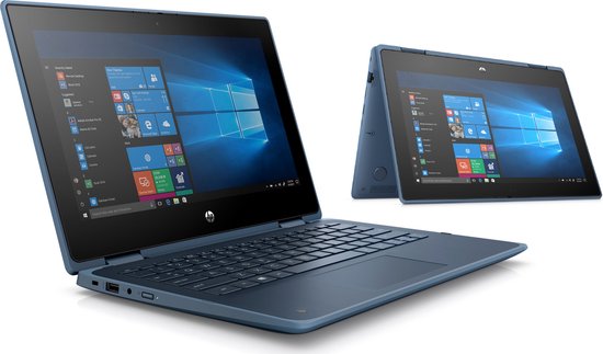 Donkerblauwe HP ProBook X360 11 G5 laptop, open met toetsenbord, en in tabletmodus op de achtergrond.