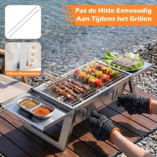 Lìon® BBQ Houtskool - Mini Opvouwbare Barbecue Grill met 4-standen Warmtecontrole - Draagbare Houtskool BBQ Grill - Zilver - 3cm x 22cm x 43cm van lion — afbeelding 2