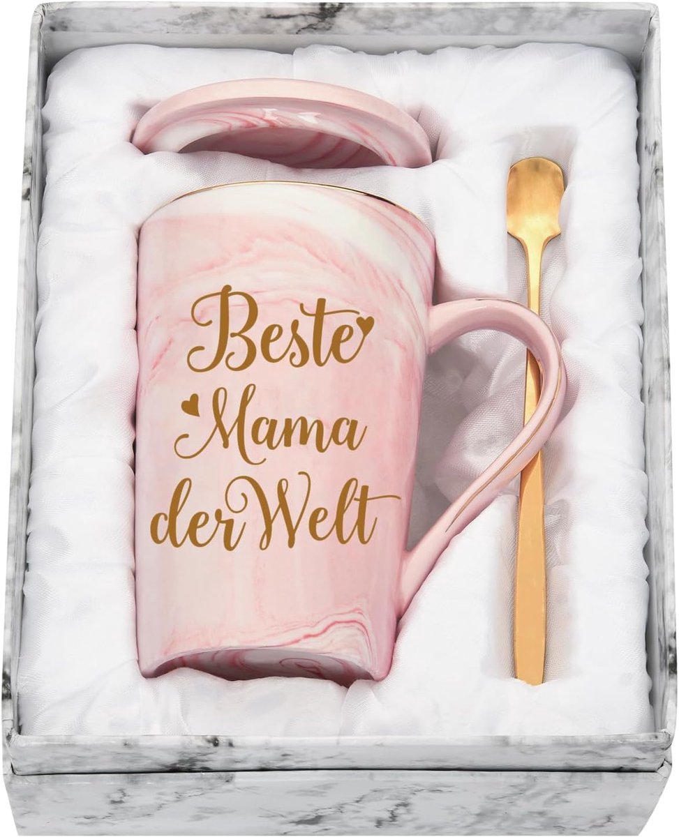 Moederdaggeschenken voor mama, moedergeschenk Moederdag, beste moeder ter wereld tasse, geschenk voor moeders, verjaardagsgeschenk, 400ML roze keramiek marmeren beker met deksel, lepel