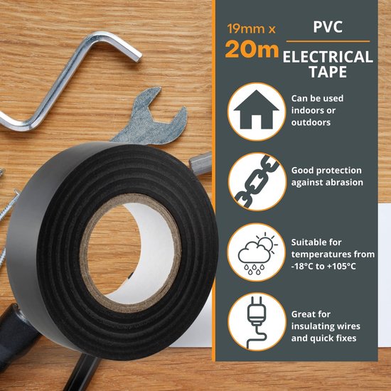 Black Electrical Tape, 19mm x 20m, 10 Pack, Strong Self-Adhesive PVC Insulation Tape for Insulating, Repairing and Protecting Electrical Wires — afbeelding 3