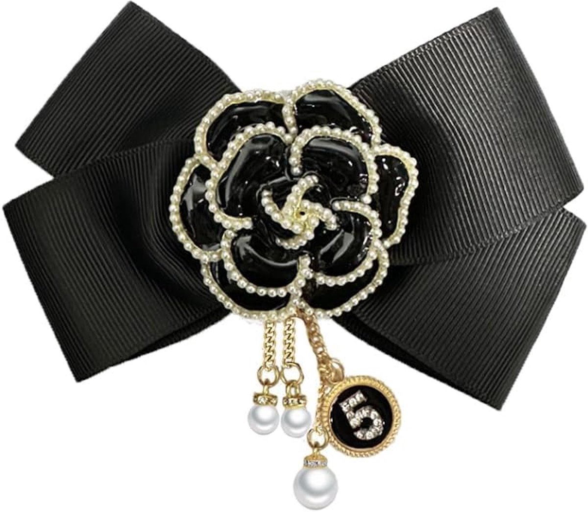 Bloem Voorgebonden Grote Boog Kwastje Broche Pin voor Vrouwen Meisjes CZ Faux Parel Gelukkig Nummer Vijf Ketting Bengelen Charm Stof Pins Clip Revers Elegante Sieraden Geschenken voor Trui