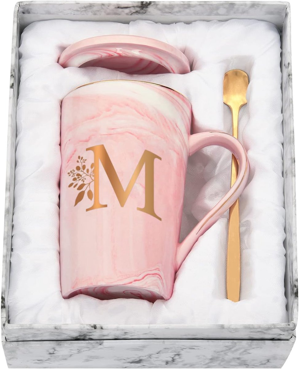 Gepersonaliseerde mok met Letters Koffiemok met Bloemenmotief, Naam Initialen Persoonlijke Geschenken Koffiemok voor Vrouwen Vriendin M - 400 ml Roze