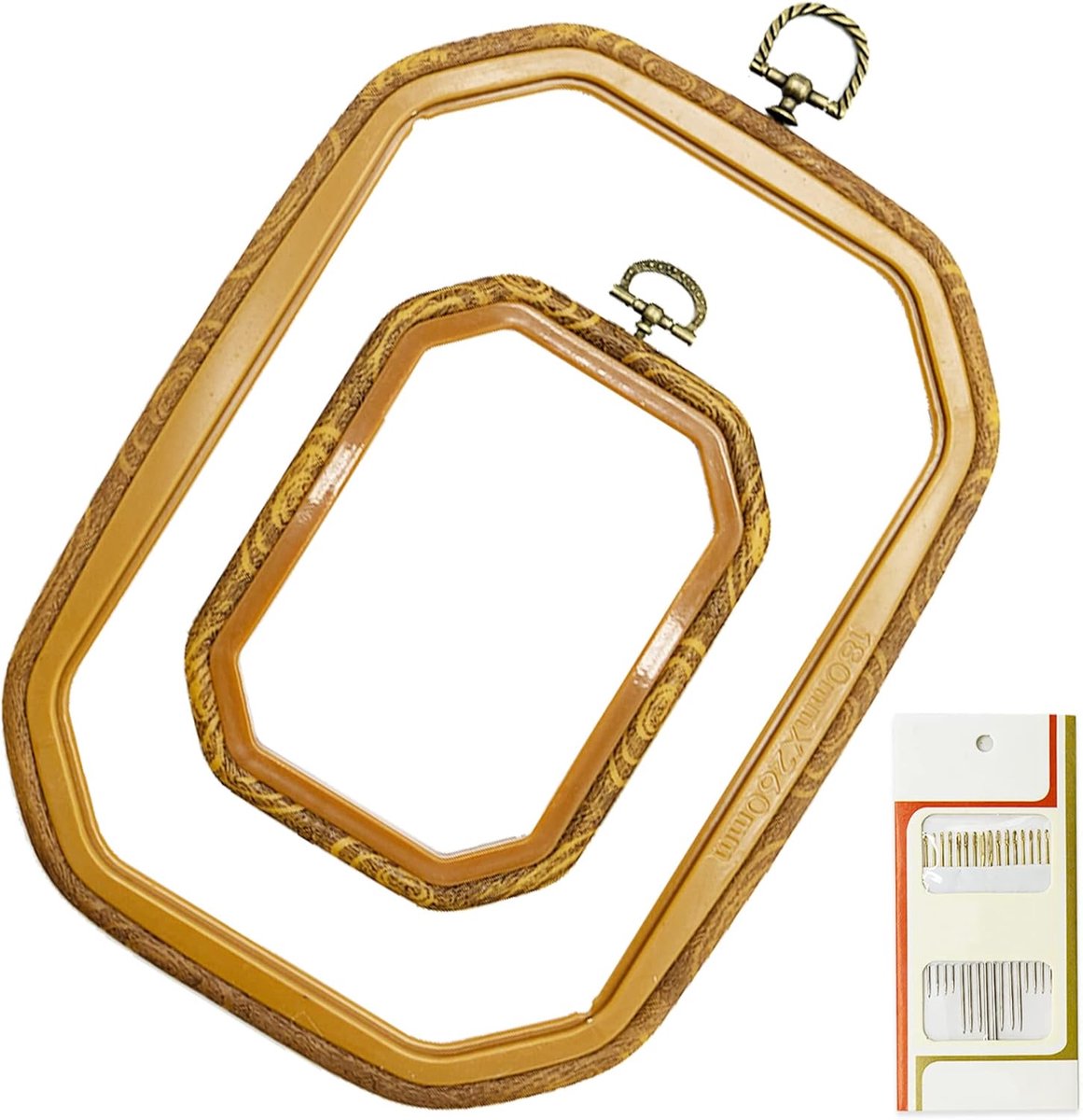 2 maten geïmiteerd hout rechthoek rond borduurwerk hoepel set plastic cirkel kruissteek hoepel ringen voor doe-het-zelf handwerk naaien, inclusief 16 stuks gouden oog naainaalden