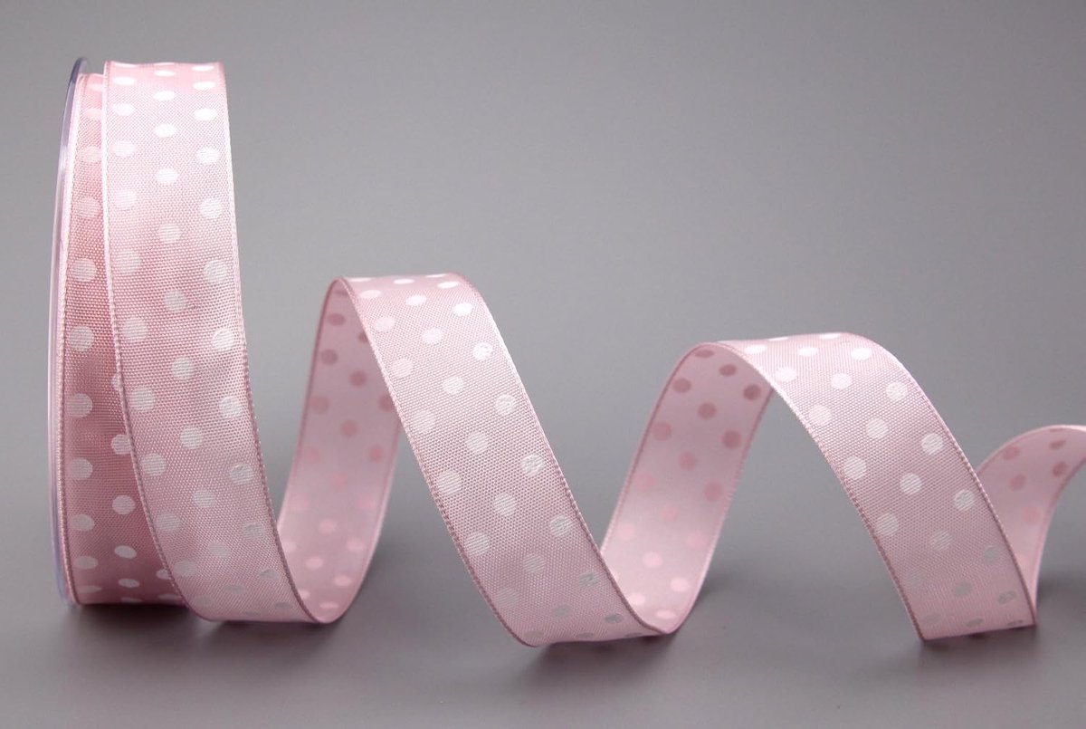 Decoratielint lichtroze/wit, 20 m x 25 mm, cadeaulint, stoffen lint met draadband, roze gestippeld, stippen, vrolijk, Pasen, verjaardag, draadrand, kinderlint