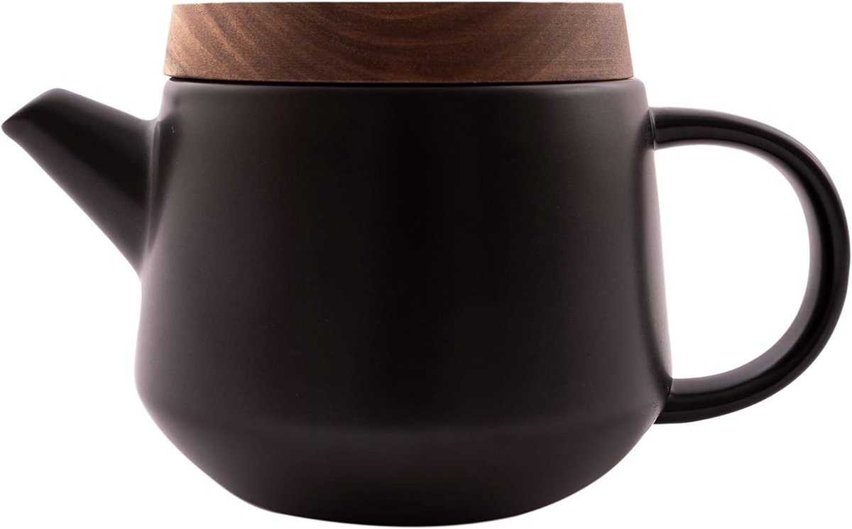 theepot met filter uit RVS met deksel, onderzetter uit acacia, zwart, 600ml