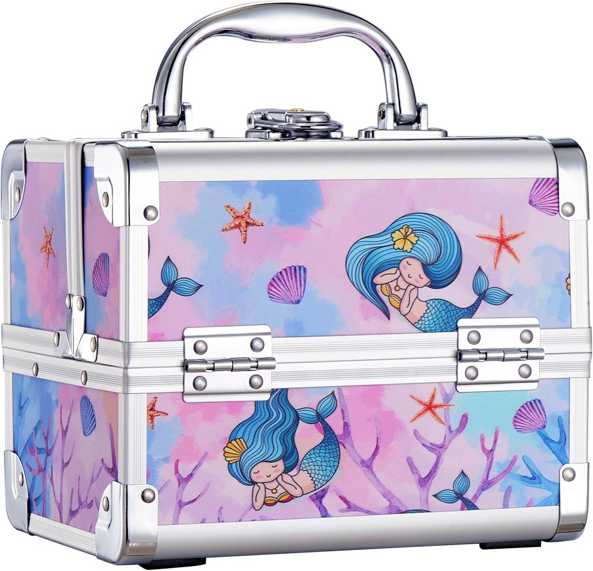 Case Make-up Cosmeticabox, sieraden-opbergkast met spiegel, 19,5 x 15 x 16 cm, Zeemeerminstaart, Small