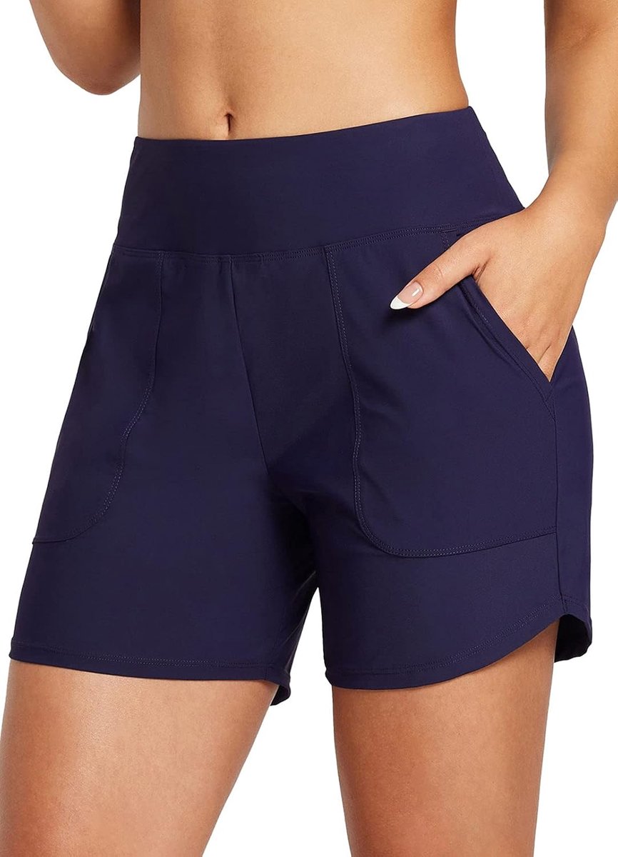 Shorts voor dames, buikcontrole, UPF50+, sneldrogend, hoge taille, boardshorts, zwembroekje met zakken