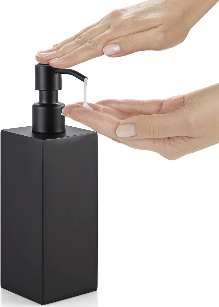 zwart, roestvrij staal, afwasmiddeldispenser, 350 ml, navulbaar, gemakkelijk in te drukken, pompfles, vrijstaand, vloeibare zeepdispenser, lotionfles voor keuken en badkamer, 6 x