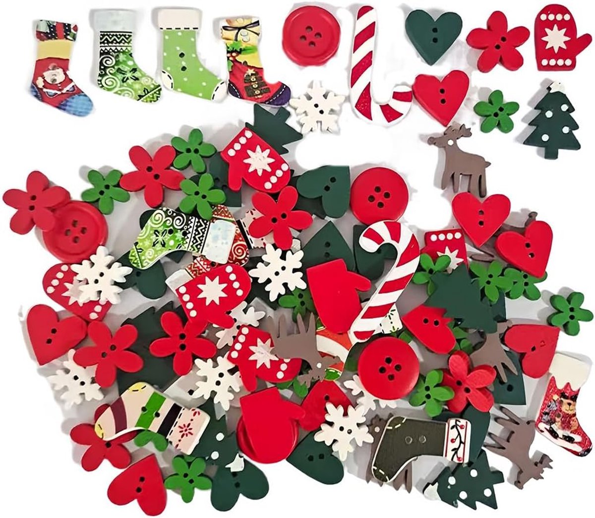 Knopen in een set: decoratief en veelzijdig voor naaiwerk, doe-het-zelf, motieven: eland, sneeuwvlokken, perfect voor het versieren van kerstdecoraties, willekeurige mix