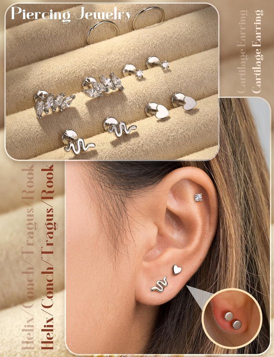 16G/18G/20G chirurgisch staal Tragus piercing sieraden Labret piercing sieraden Draadloze Push in neus Studs Tragus oorbellen Flat Back Tragus Stud Lip Medusa Helix piercing sieraden 6/7/8MM — afbeelding 2