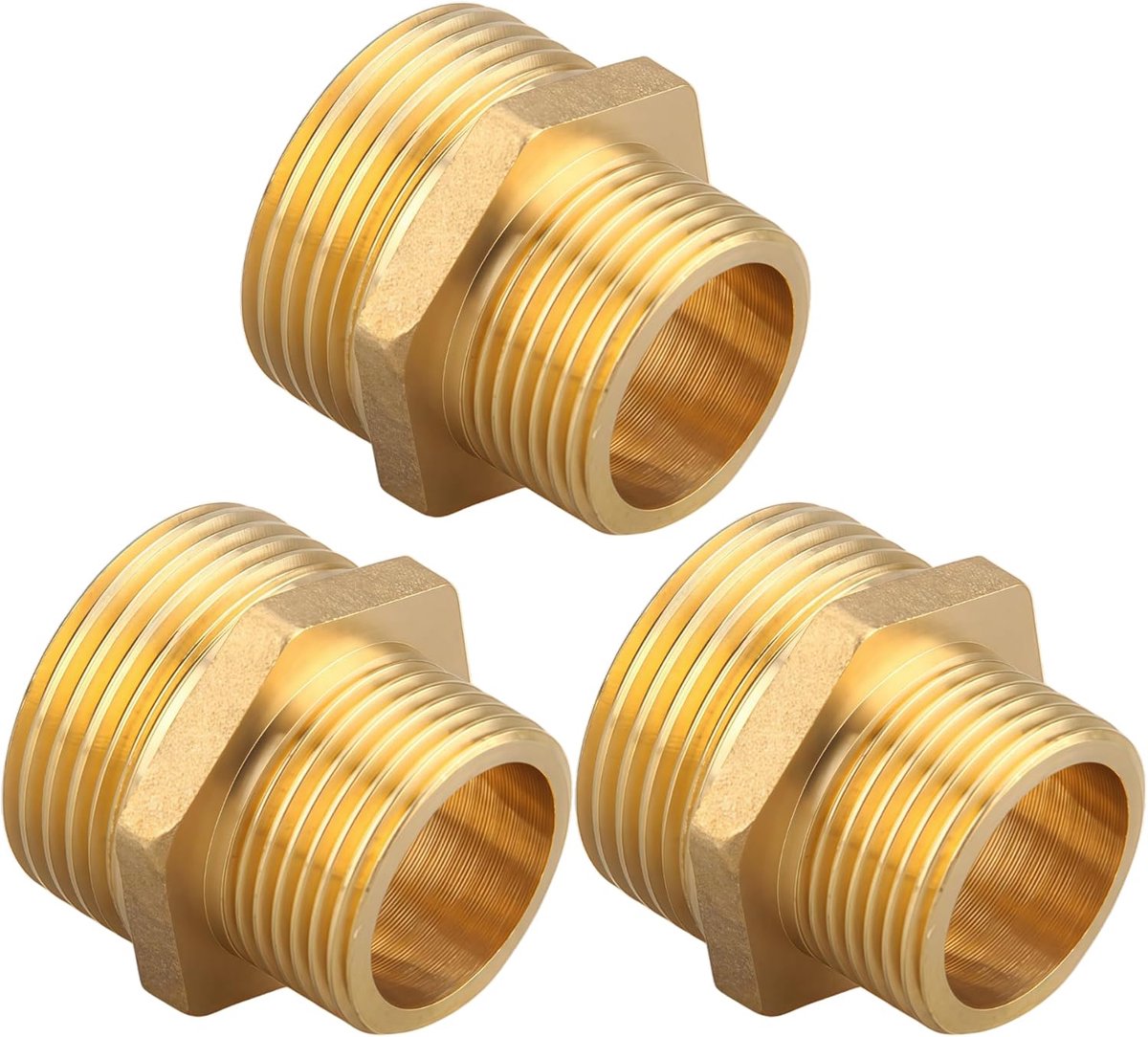 G3/4 inch (Ø 25,7 mm) x G1/2, AG/AG messing, 3 stuks dubbele nippel gereduceerd G3/4 tot G1/2, dubbelzijdige buitendraad G3/4xG1/2, geschikt voor drinkwater