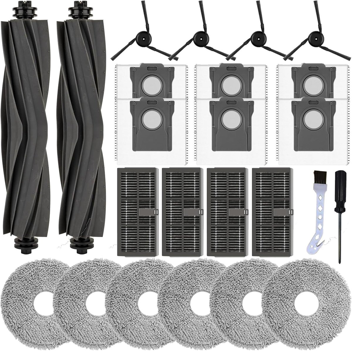 SnelShoppen - 24-Delige Accessoireset voor Robotstofzuiger, 2 Hoofdborstels, 6 Stofzakken, 6 Mopdoeken, 4 HEPA-filters, Compatibel met Dreame L10s Ult
