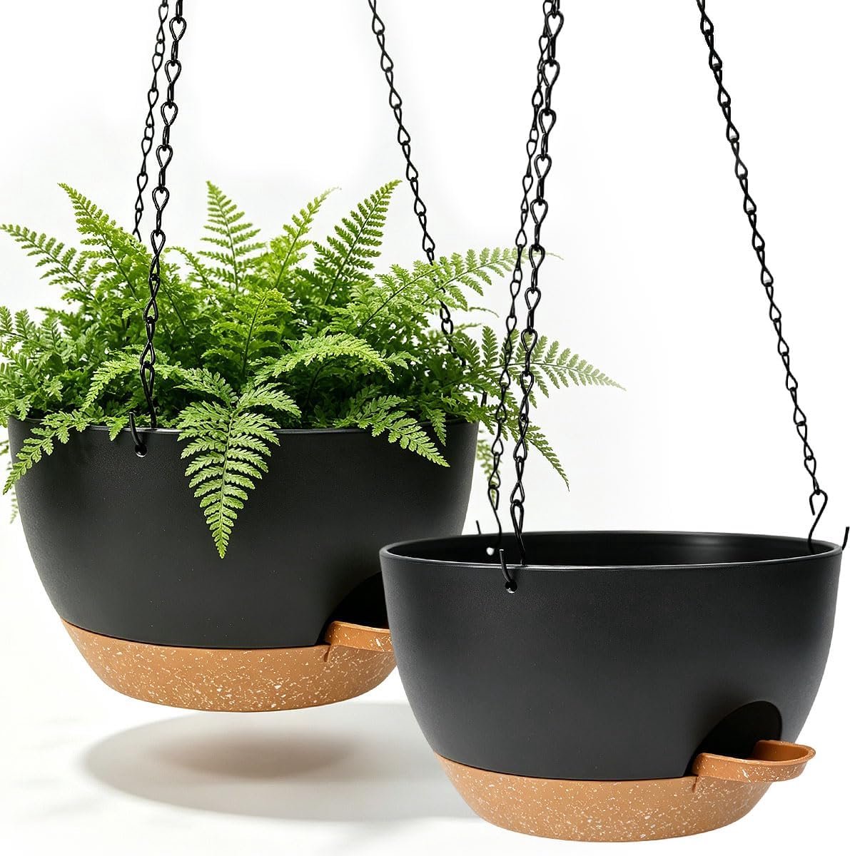 2 stuks 25 cm zelfbewaterende bloempot, hangend, buiten en binnen, hangbak met watertank, hangpot voor planten met ketting, bloempot, hangend om op te hangen, voor balkon, woonkamer, zwart
