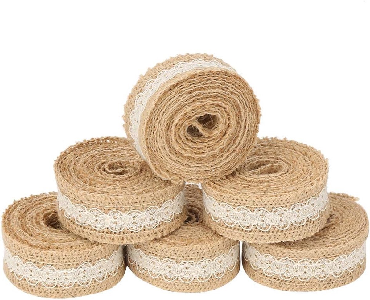 2M/Roll Natuurlijke Jute Jute Jute Met Kant Lint Voor Bruiloft Party Gunst Decoraties 6 stks