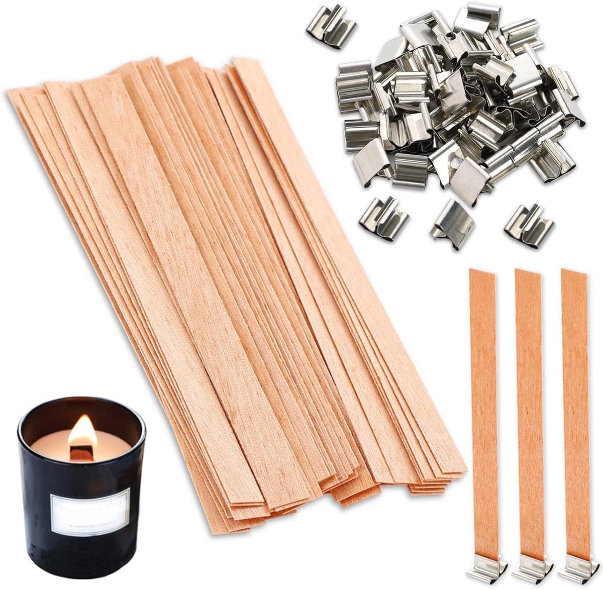 Lonten van hout, lonten voor kaarsen, lonten voor kaarsen, kaarslonten, houten lonten voor kaarsen met 20 metalen sokkels, voor het maken van doe-het-zelf kaarsen, 13 x 130 mm