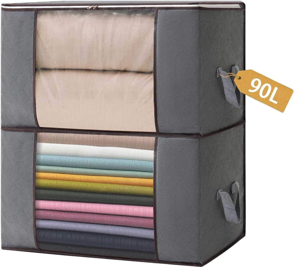 2 stuks 90 l opbergtassen, opbergdoos met deksel, grote kledingopslag, verhuisdozen, opvouwbare opbergdozen voor dekbedden, dekens, kleding, onderbed, kledingkast, grijs