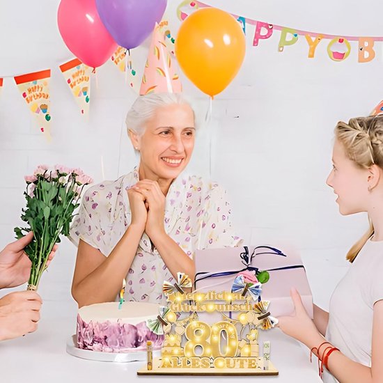 Verjaardagsdecoratie voor vrouwen en mannen, geldgeschenken voor verjaardag, houten bord, gastenboek, cadeaus voor de 80ste verjaardag, met led-lichtsnoer, gepersonaliseerd cadeau, 80ste — afbeelding 5