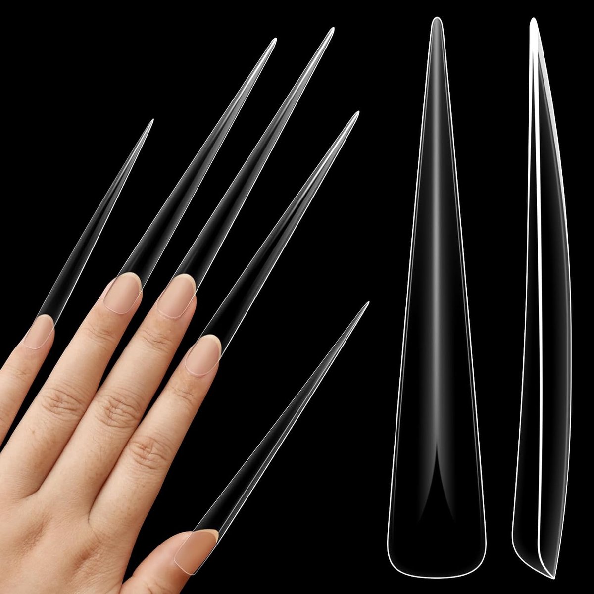 OVO Extra lange stiletto-nageltips, Super Extreem Lange Scherpe Visgraat Pijlpunt Nagels, 5XL XXXXXL heldere volledige dekking brede Franse nagels voor acryl x 12 maten