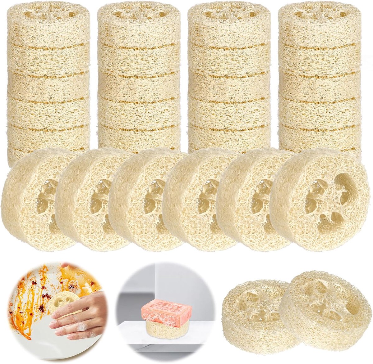 30 stuks natuurlijke luffa-spons voor keuken en badkamer, antislip zeephouder