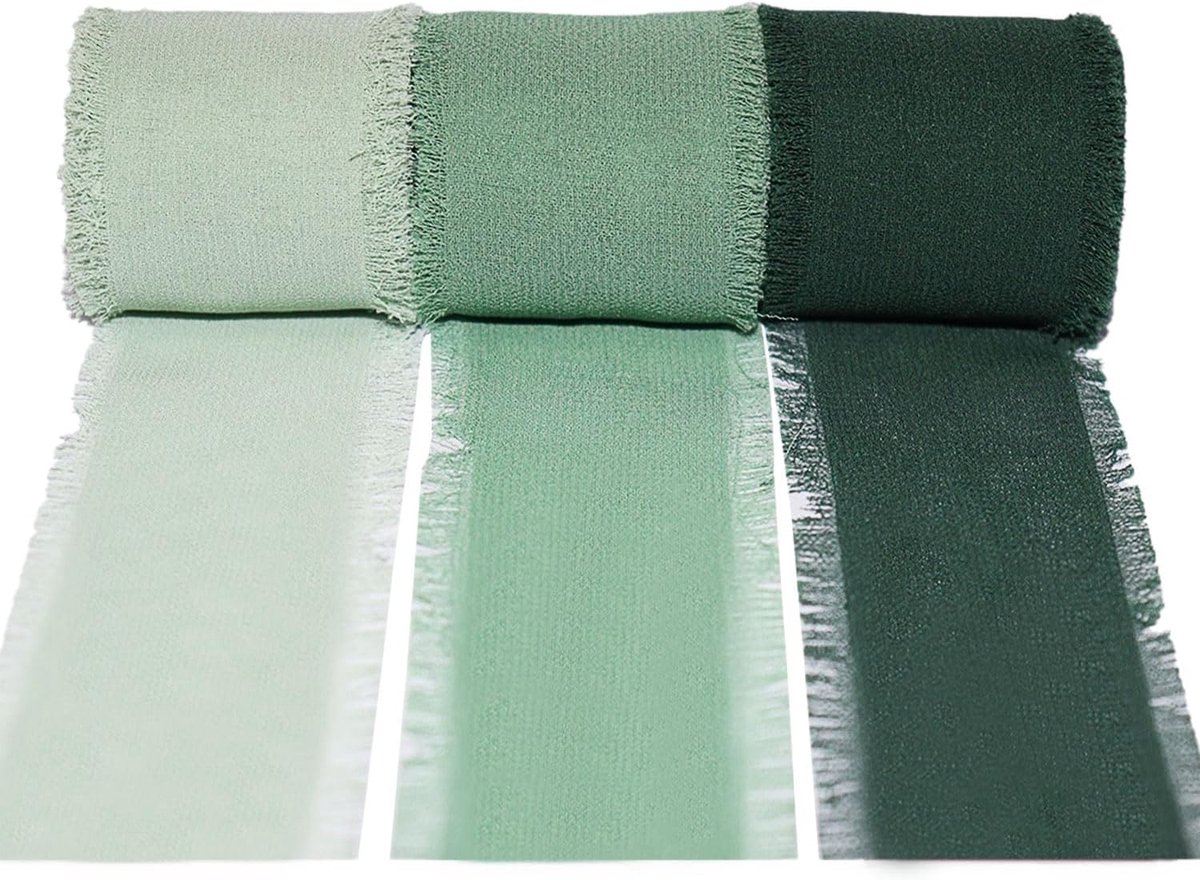 diepgroeën, grasgroen, mintgroen 3,8 cm franjechiffonlint, gemengde franjebandset, voor huwelijksuitnodigingen, cadeauverpakking, decoratief lint, 3 rollen