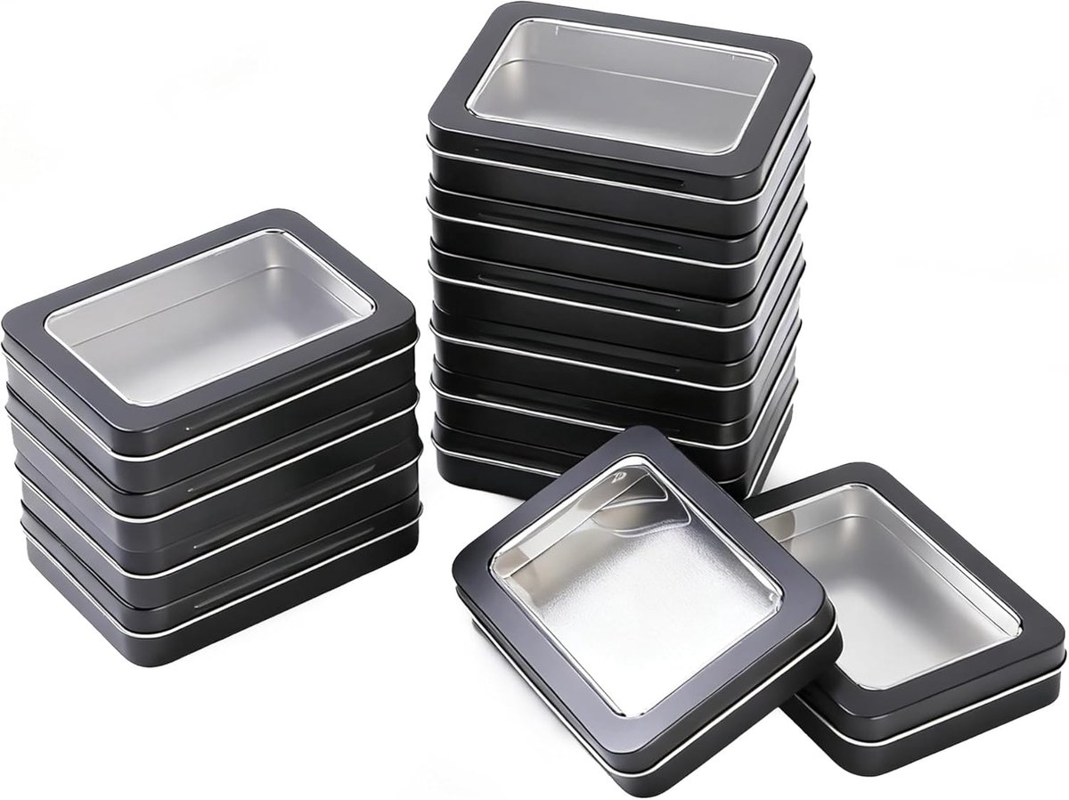 12 Stuks Zwarte Metalen Opbergdoos met Venster (11,5x8,5x2,2 cm) – Transparante Deksel voor Diamond Painting & Kralen, Rechthoekige Blikken Container voor Doe-het-zelf, Hobby Box Systeem