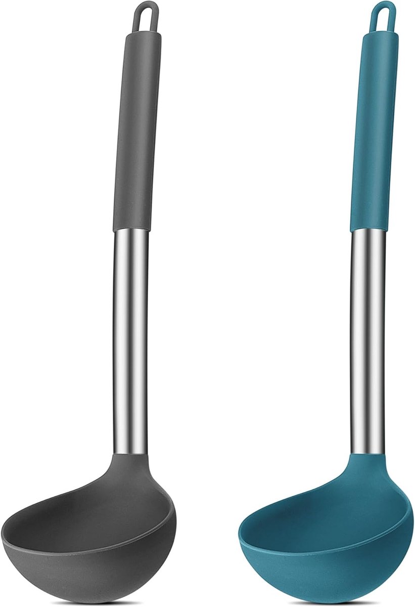 Soeplepel, Joyfair 2-delig siliconen schepset, hittebestendige scheplepel met roestvrijstalen handgreep, 30 cm groot sauslepel voor koken/roeren/serveren, gezond en antiaanbaklaag - Grijs & Blauw