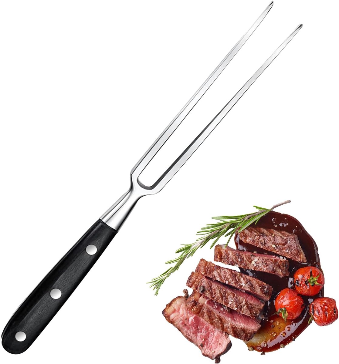 Vleesvork, 30 cm, roestvrij stalen vleesvork met houten handvat, vleevork roestvrij staal, voor steaks, braden, gebraden kip en groenten, roestvrij braadvork met lange tanden om te draaien en vast te