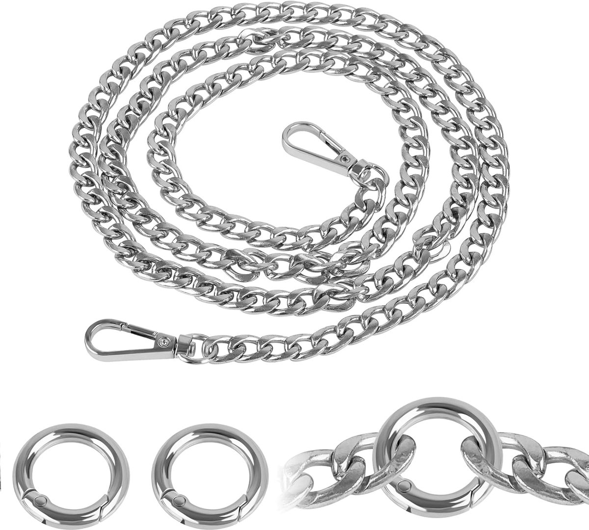 zilver, tashengsel voor gehaakte tassen 120cm | Metalen ketting voor tas, draagriem, ketting met karabijnhaak voor handtassen, damestassen, schoudertas (zilver)