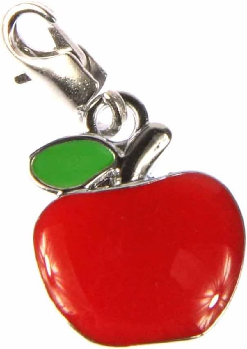 Appel appels fruit charm rits pull metaal geëmailleerd rood - handgemaakte modesieraden I kettinghanger verzilverd - bedelarmband - hanger voor armband, 21mm, Metaal, Geen edelsteen