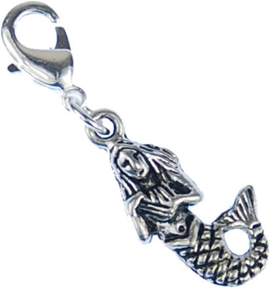 Zeemeermin-charm met rits, zilverkleurig, handgemaakt modesieraad, verzilverde ketting, bedelhanger, bedelarmband, hanger voor armband, 24mm, Metaal