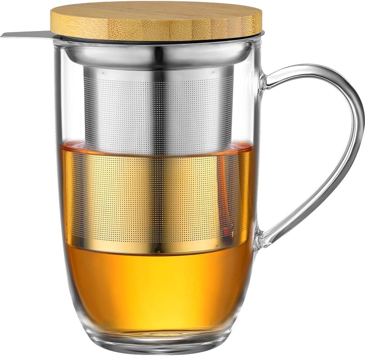ecooe Theekop Van Borosilicaatglas, 440 Ml (Met Theezeef En Deksel) | Ultrafijne Zeef Van 18/8 Roestvrij Staal, Deksel Van Natuurlijk Bamboe, Geschikt Voor Koffie, Sap, Koolzuurhoudende Dranken