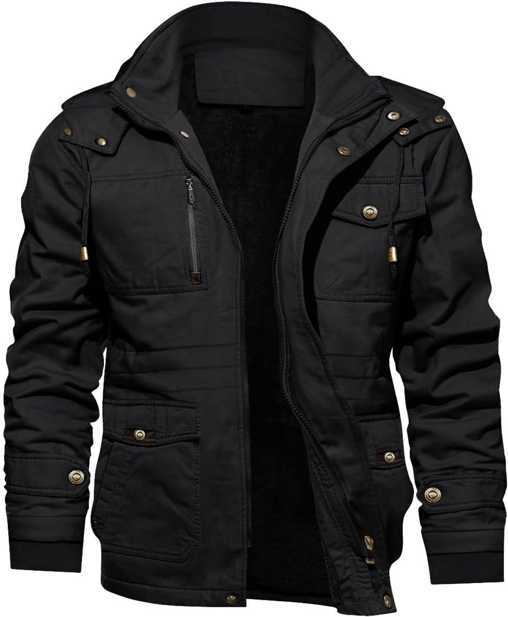Winterparka voor heren, met fleece gevoerd, warme winterjas met afneembare capuchon, overgangsjas, legerjack met opstaande kraag, zwart, XL