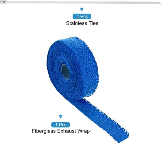 Fibreglass Uitlaatband, 1 inch x 16 inch, blauwe hittebeschermingsbandage voor hot rods en motorfietsen met 4 roestvrijstalen binders — afbeelding 2