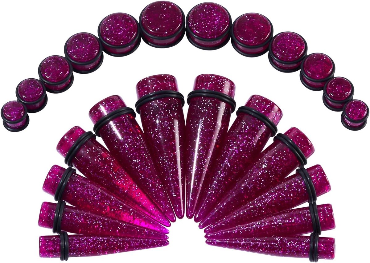 Oorstretchers, set, van acryl, tapers, plugs, expansiestaafjes, oorpiercings, met O-ringen, 10 mm - 20 mm, piercingsieraden, 24 stuks