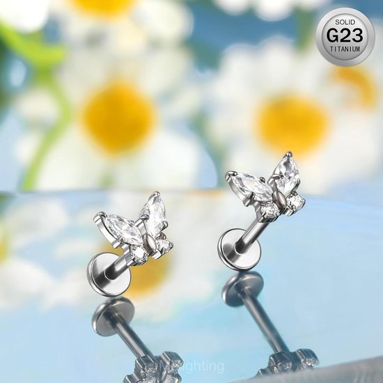 G23 Titanium Kraakbeen Oorbel Intern Schroefdraad Labret Stud Vlinder Helix Oorbellen Lob Earring CZ Platte Terug Oorbel 16G Tragus Piercing Sieraden — afbeelding 2