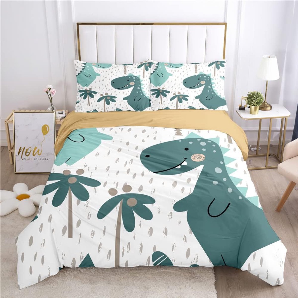 Dekbedovertrekset voor eenpersoonsbed, tweepersoons super kingsize bed, 3D-bedrukte microvezel beddengoedsets, dekbedovertrekset met kussenslopen en dekbedovertrek (180 x 220 cm, dinosaurus 1)