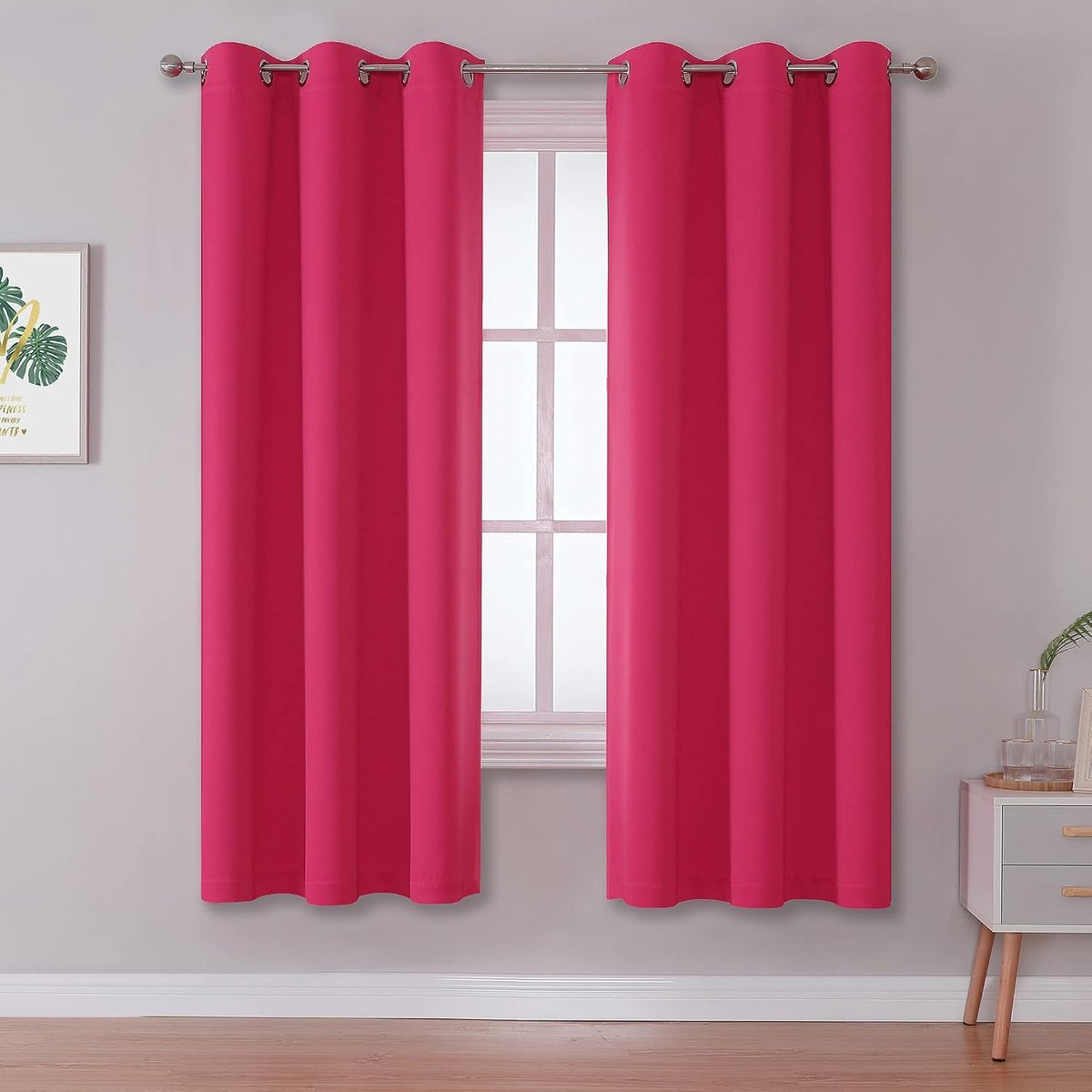 Roze verduisterende gordijnen voor slaapkamer-felroze kamerverduisterende gordijnen thermische doorvoertule raamgordijnen voor meisjes woonkamer, 2 panelen, 106 x 160 cm, framboos