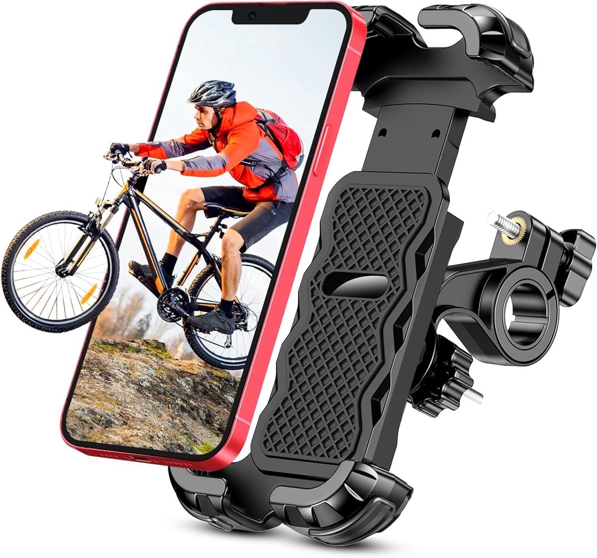 Fietstelefoonhouder, Upgrade [Volledige bescherming] [Beveiligingsslot] Motorfietstelefoonhouder, 360° draaibaar, Telefoonhouder voor fiets, scooter, stuur, universeel voor mobiel