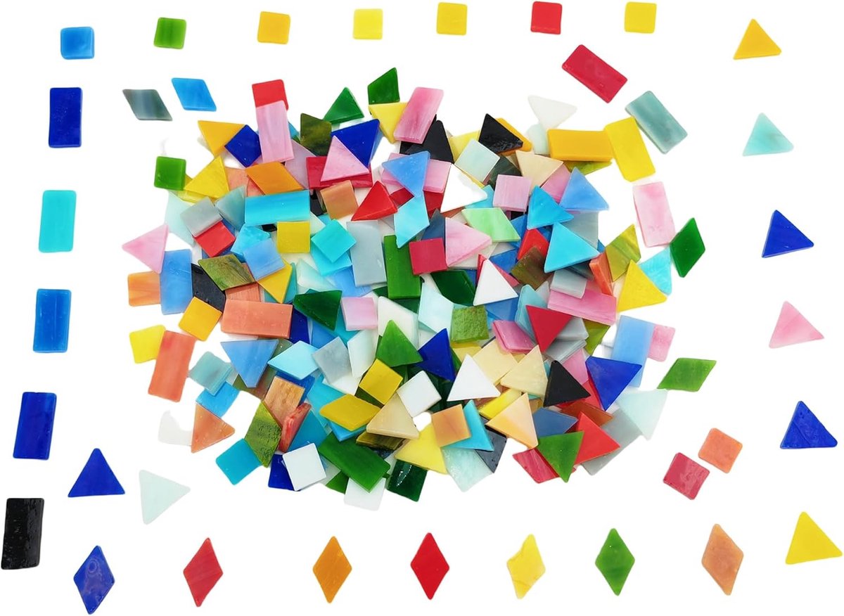 Mozaïektegels, 4 vormen, vierkant, diamant, driehoek, rechthoek, 220 stuks, gekleurde glasmozaïek stukken voor handgemaakte kunst, ambachten en woondecoratie (kleur mixen)