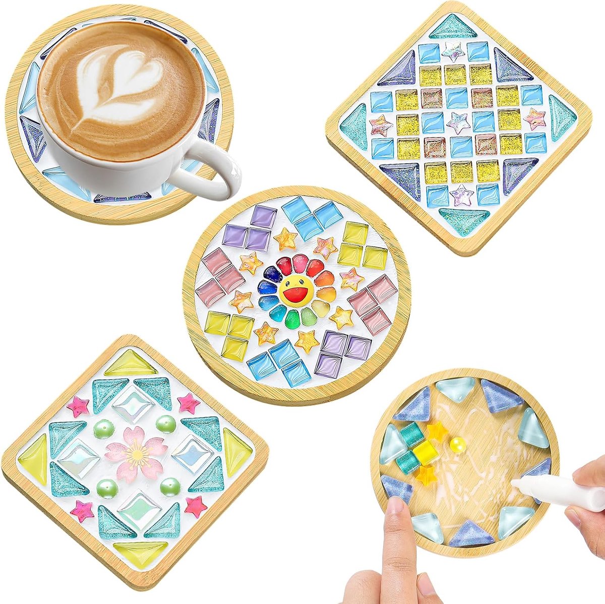 Mozaïek knutselset onderzetters 4 stuks DIY mozaïek knutselset volwassenen bamboe onderzetters gemengde kleuren glas mozaïekstenen om te knutselen set creatieve verjaardagscadeaus kunst