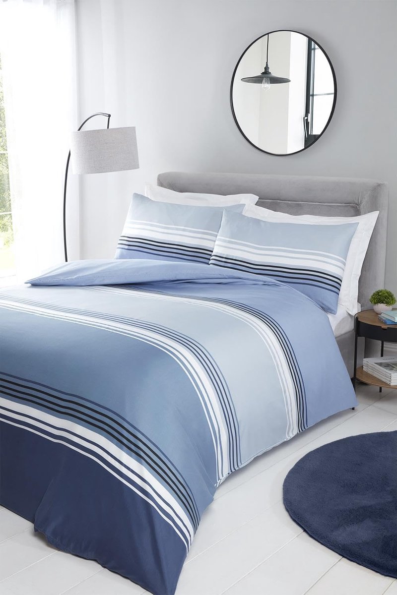 Home Blauw Gestreepte Microvezel Eenpersoons Dekbedovertrek Set Zachte Chicago Strijkvrij Beddengoed Set