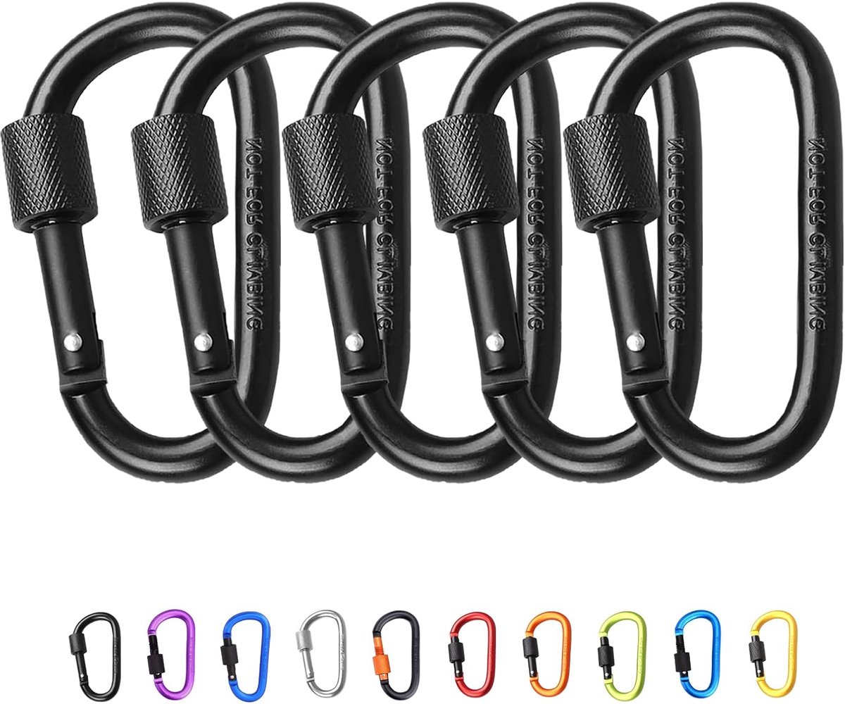 5 stuks karabijnhaak clip vergrendeling karabijnhaak, 7,8 cm/3 inch zwarte aluminiumlegering D-ring karabijnhaken sleutelvergrendeling sleutelhanger clip haak voor kamperen, wandelen, reizen, vissen,